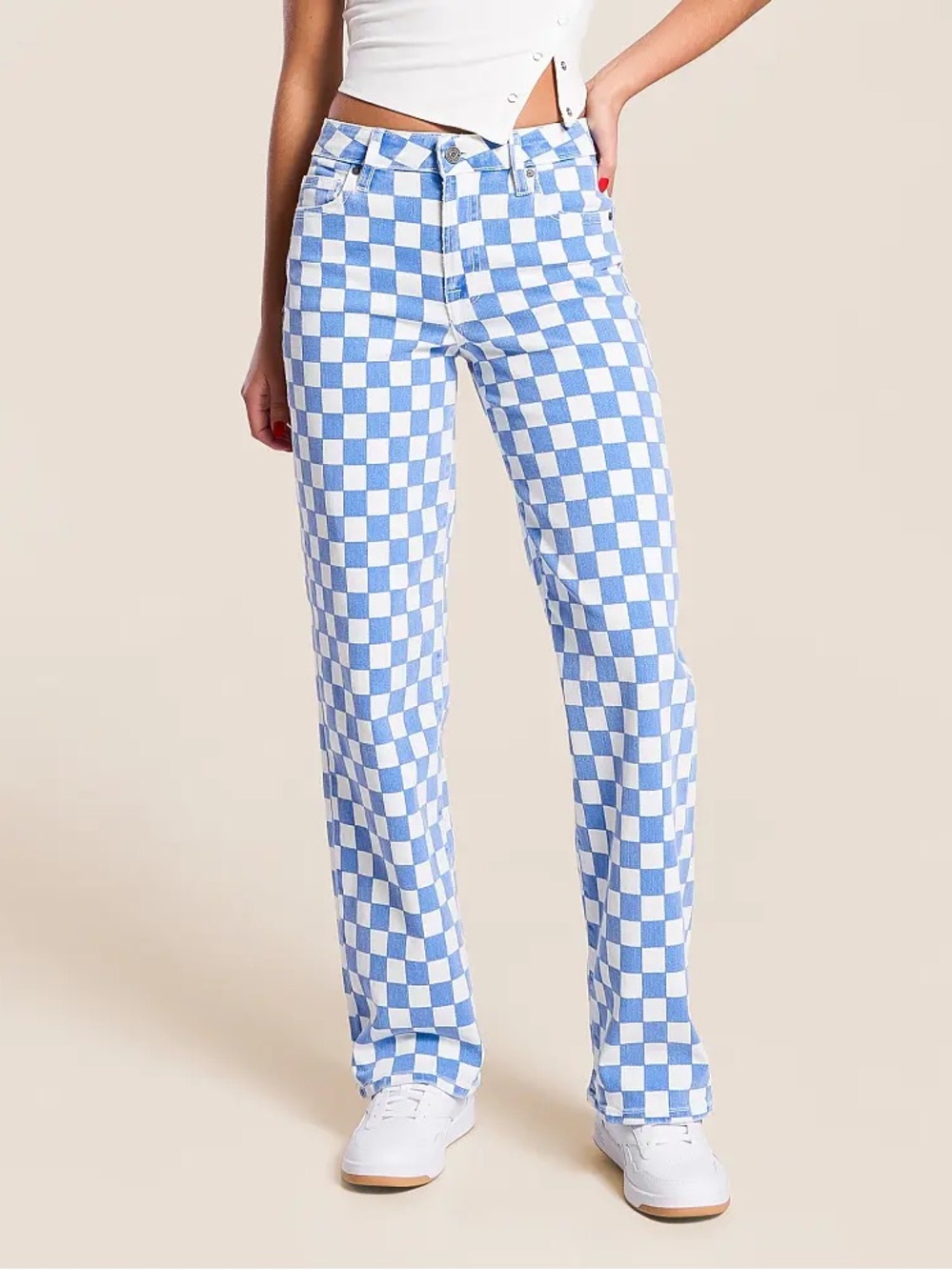 Hidden - Checkered Jeans - Blue and White